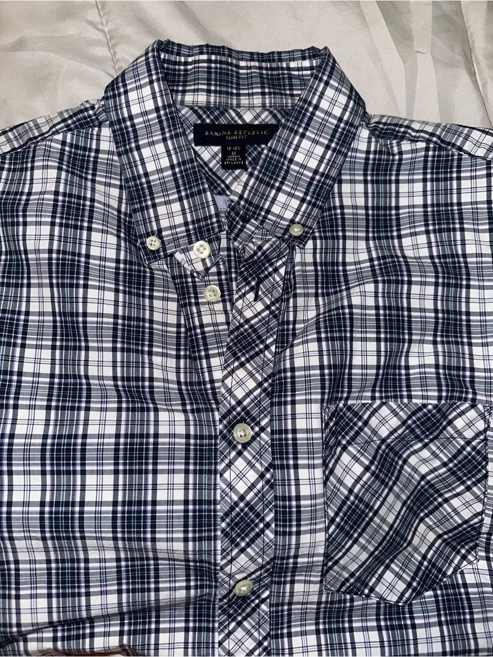 Banana Republic Men’s Navy and White Plaid Button-Down Shirt